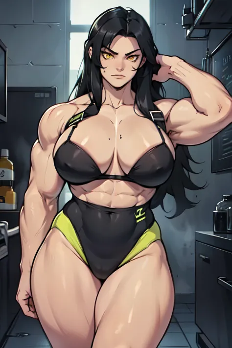 disgust girl ((muscular)) breasts huge thighs pale skin black hair yellow eyes girl