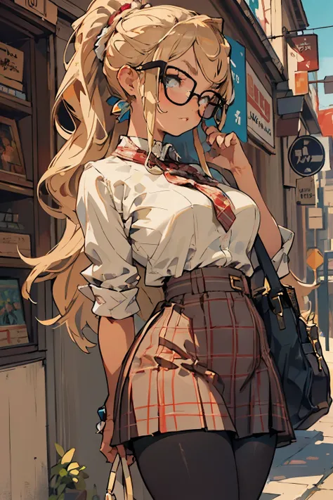 glow，masterpiece, beautiful, 4K, best quality, oil painting portrait style， cute face, big breasts,  blonde，high ponytail，pointed ears，round frame glasses，wide hips, purse lips, Pouting expression ， pantyhose, Plaid skirt