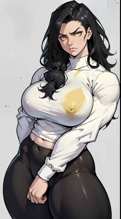 1girl solo black hair yellow eyes very long hair pale skin muscular muscular muscular muscular toned body huge muscles thick thighs girl messy hair leggings tight shirt long sleeves thick thick thick thick thick thick disgust disgust disgust disgust 