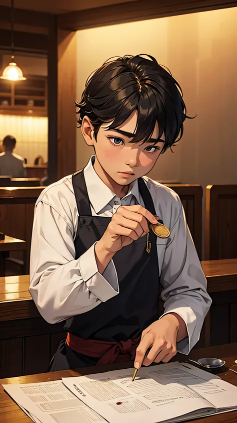 A 10-year-old boy counting his coins at the restaurant,illustration,meticulous details,high quality(4k),ultra-detailed,authentic colors,warm lighting