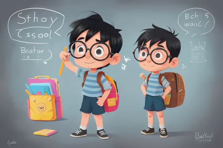  Create A draw a  character apparently 6 years old, boy with black hair and glasses, denim shorts, school bag on the back 