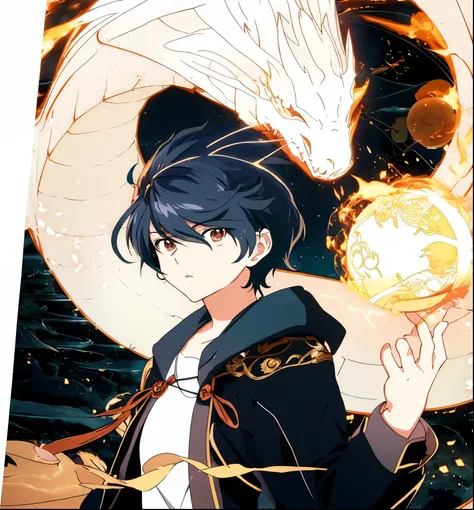 anime - boy confiante, garoto forte, style image of a woman holding a ball with a dragon on it, anime fantasy illustration, light novel cover art, anime style illustration, black - haired mage, digital anime illustration, trending on artstation pixiv, anim...