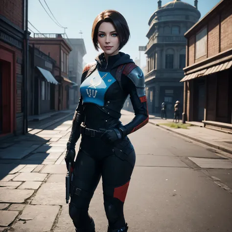 Jill Valentine, blue eyes, short straight hair, cute, destiny 2, hunter, mischievous grin, eye brow raised, full body