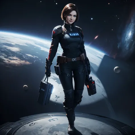 Jill Valentine, blue eyes, short straight hair, cute, destiny 2, warlock, space magic, mischievous grin, eye brow raised, full body