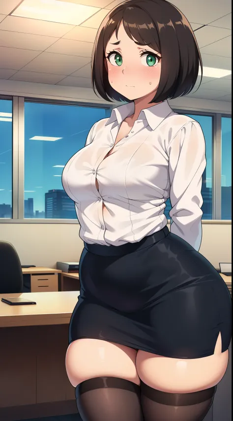 ((highres)), Masterpiece, high quality, best quality, beautiful, perfect lighting, detailed face, ultra cute face, ((1girl)), ((solo), short brown hair, fluffy hair, green eyes, ((blush)), embarrassed, nervous, looking at viewer, arms behind back, standing...