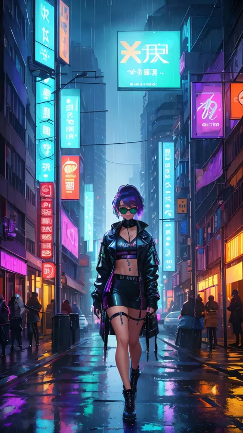 (best quality,4k,8k,highres,masterpiece:1.2), ultra-detailed, (realistic,photorealistic,photo-realistic:1.37), digital art, vibrant colors, neon lights, cyberpunk, futuristic, mixed media, short hairstyle, confident expression, dramatic lighting, cityscape...