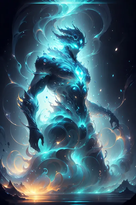 Giant God Soldier made of water element, water element, giant thing, made of water, water texture, legendary elemental creature, blue water element, fantasy divine energy creature, giant god soldier, water, water element, amazing momentum, glowing blue eye...