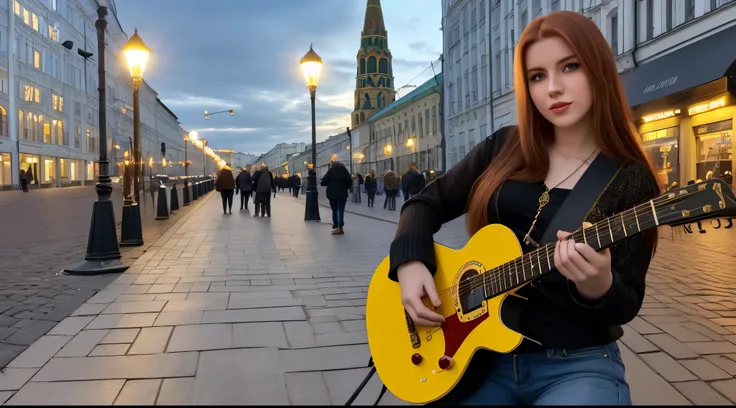 melhor imagem, hdr, 24k, girl on the sidewalk in the city center of MOSCOW, russa, jovem russa de 21 anos RUIVA, CABELOS LONGOS, OLHOS AZUIS GRANDES, com fones de ouvido, tocando *GUITARRA Squier*, para pedestres