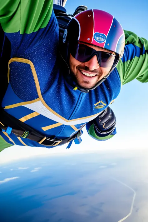 A thrilling image of a Para images man fearlessly jumping from a plane at a low angle, capturing every detail in 8k full HD high definition. The queda livre or freefall technique is displayed in all its glory, with the parachute unfurling elegantly against...