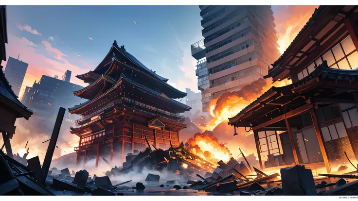 Super epic caption, explosive ,modern world, college, like in a magical battle, Japan, landscape, buildings are collapsing, landscape, Japan 2022 год