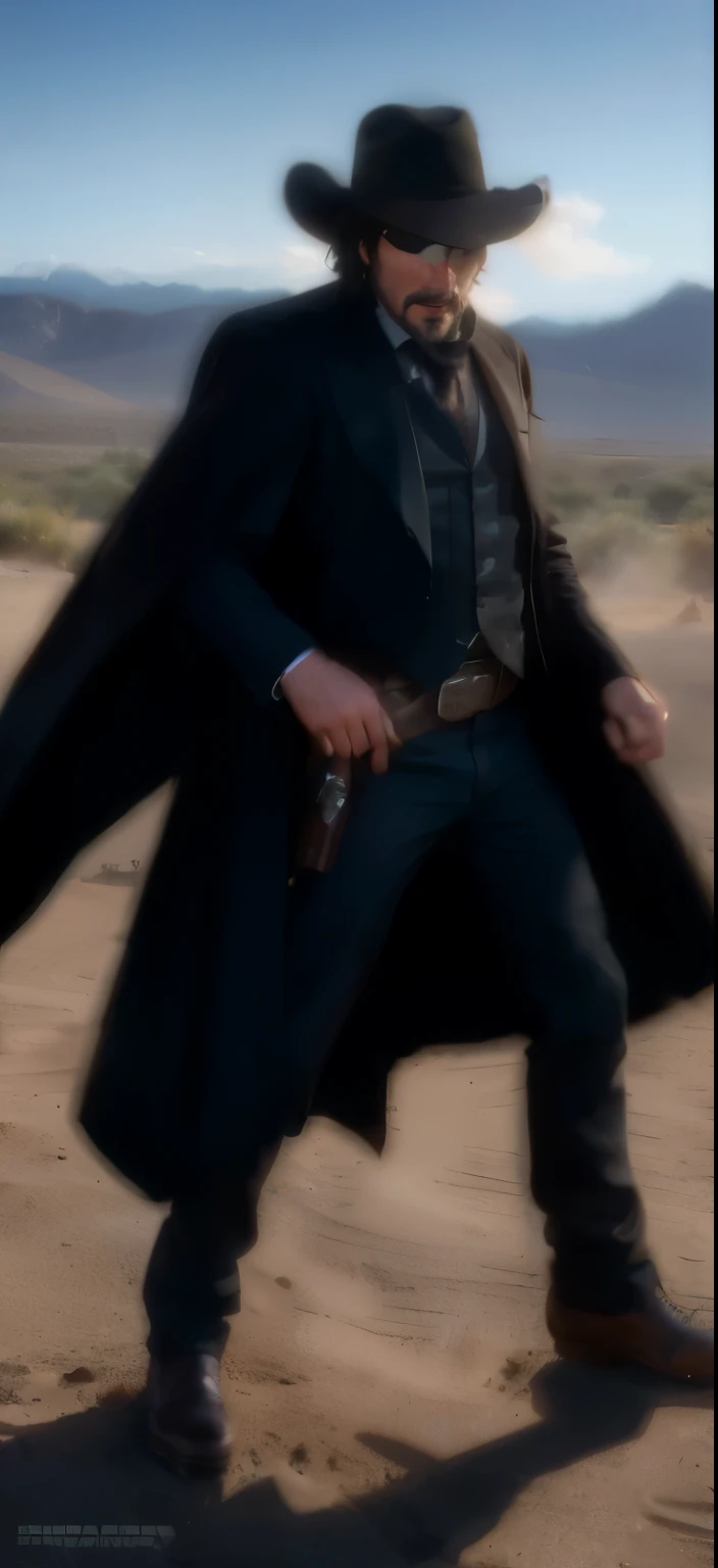 A mysterious figure lurks in the Wild West, performed by none other, like the charismatic Keanu Reeves. Dressed in a shabby hat, casting a long shadow on the eyes., a flowing cape flutters behind him, and clutching a formidable Colt revolver in a firm hand...