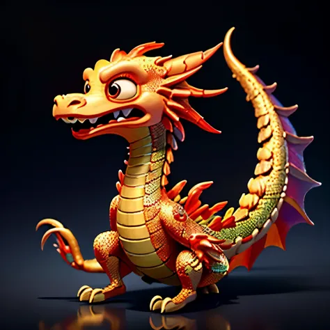 lovely skeleton dragon。pixar styled, top-quality、​masterpiece、超a high resolution、golden-red chinese cartoon dragon、(very long bo...