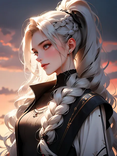 Cassandra is a tall young woman with pale skin, gray eyes and white wavy hair with gray streaks, braided into a high ponytail with many small braids. Two strands of hair and asymmetrical bangs go down the sides of the face