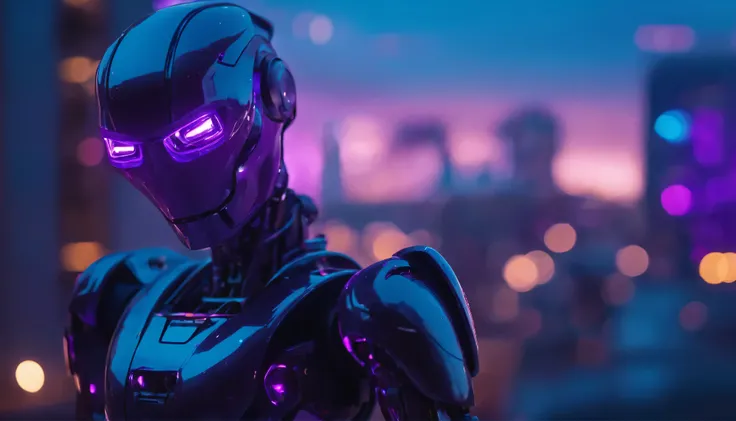 8k，robot，close up，Purple lights and buildings in the background