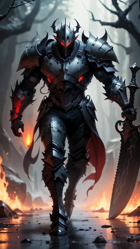 knight in full plated black deadric knight walking through lava, black light mixed with red,with black mist black greatsword wit...