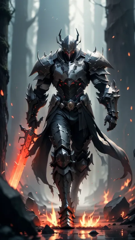 knight in full plated black deadric knight walking through lava, black light mixed with red,with black mist black greatsword wit...