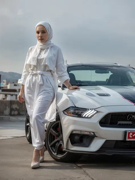 girl white hijab with mustang