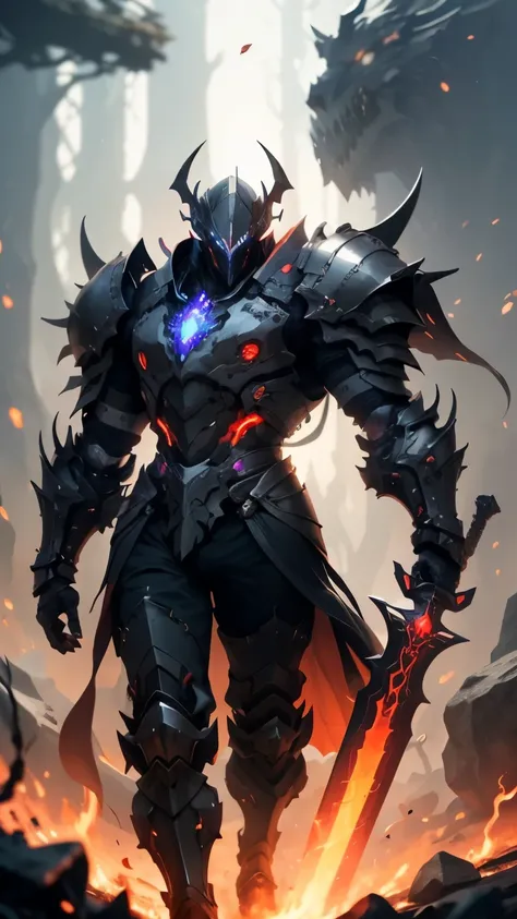 knight in full plated black deadric knight walking through lava, black light mixed with red,with black mist black greatsword wit...