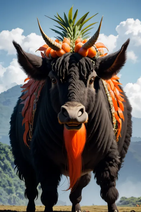 Create an evocative image of the enigmatic Papaya Ox, a cherished folklore figure in the Azorean culture of Santa Catarina, Brazil. Witness the super realistic illusion in an astonishingly high resolution 8k image. Observe the Papaya Oxs majestic silhouett...