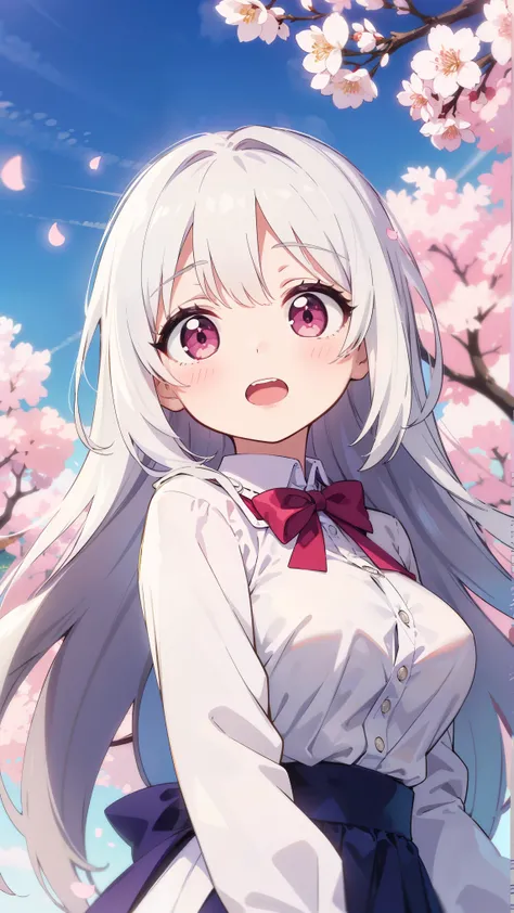 masterpiece, best quality, alone, ,
medium long hair, White hair, straight hair, Pink eyes, White shirt, open mouth, bow tie, big breasts, buttonGap, empty eyes,Facing the blue sky, Flying cherry blossoms