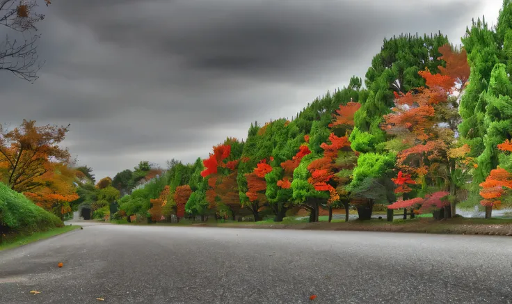 trees line the road in front of a row of green and red trees, hdr colors, beginning of autumn, colorful trees, hdr photo, hdr color, breath-taking beautiful trees, breath - taking beautiful trees, vibrant red and green colours, color highway, rich pictures...