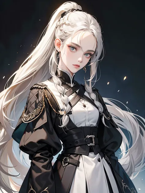 Cassandra is 20 years a tall woman with pale skin, gray eyes and white wavy hair with gray streaks, braided into a high ponytail with many small braids. Two strands of hair and asymmetrical bangs go down the sides of the face