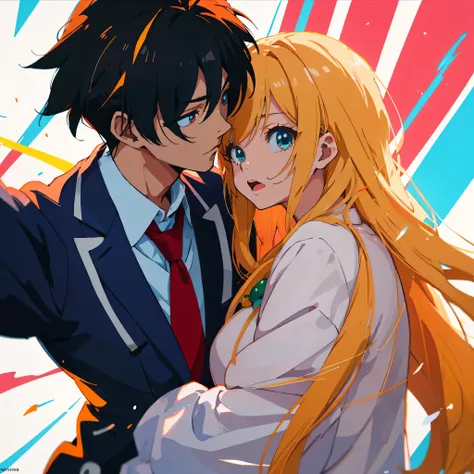 anime couple cute pose, 1 hombre alto y 1 mujer, estilo animado 4 K, Renderizado de anime, estilo animado. 8k, muy detallado, lineas finas, high resolution, high quality illustration, Hermosa cara de anime (close up camera) (chico guapo 1.3) (Color Shockin...