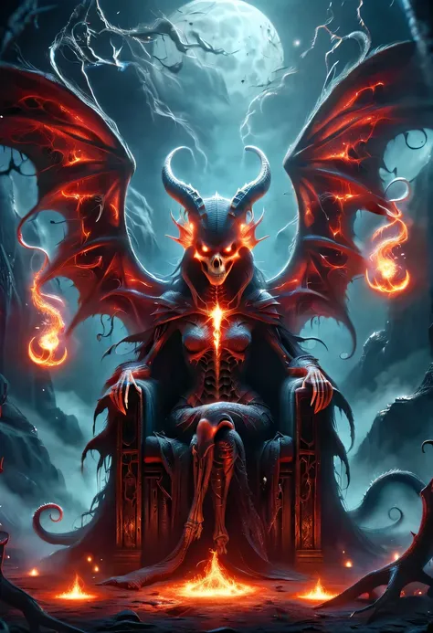 hell,Dark Overlord,nether creatures,masterpiece:1.2,Super detailed,gothic art,Gloomy atmosphere,Ominous red and black color scheme,majestic throne,Flying bats,Devil&#39;s mark,Hauntingly beautiful forest,crimson fire,Ominous eyes penetrate the darkness,clo...