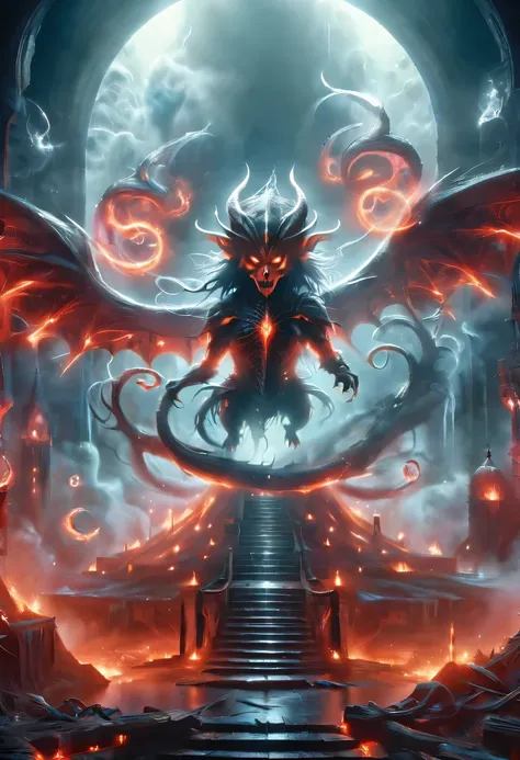 hell,Dark Overlord,nether creatures,masterpiece:1.2,Super detailed,gothic art,Gloomy atmosphere,Ominous red and black color scheme,majestic throne,Flying bats,Devil&#39;s mark,Hauntingly beautiful forest,crimson fire,Ominous eyes penetrate the darkness,clo...