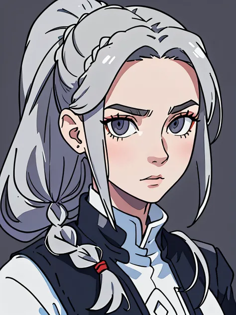 Cassandra is 20 years a tall woman with pale skin, gray eyes and white wavy hair with gray streaks, braided into a high ponytail with many small braids. Two strands of hair and asymmetrical bangs go down the sides of the face