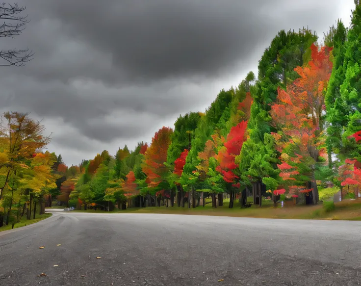 trees line the road in front of a row of green and red trees, hdr colors, beginning of autumn, colorful trees, hdr photo, hdr color, breath - taking beautiful trees, breath-taking beautiful trees, vibrant red and green colours, color highway, rich pictures...