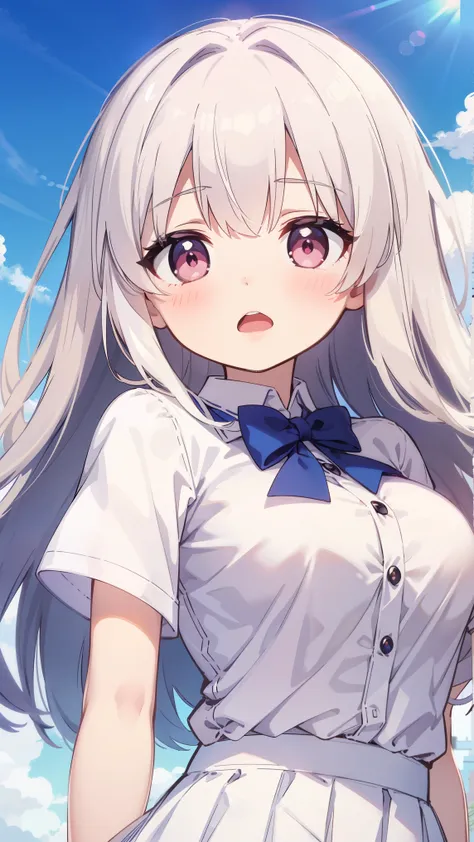 masterpiece, best quality, alone, ,
Long hair that reaches the chest, White hair, straight hair, Pale pink eyes, White shirt, Wearing a short skirt under the shirt，open mouth, bow tie, big breasts, button，empty eyes,front face front body blue sky, 