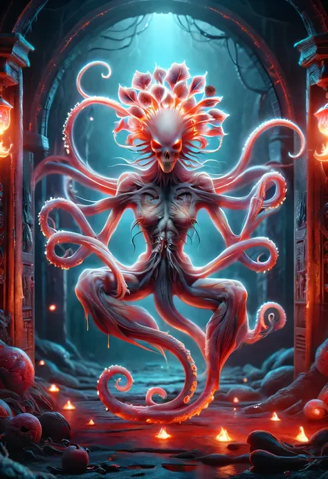 Flower of the other shore is charming，Mysterious Manzhu Shahua，The bloody ghost flower blooming at the gate of hell，Blood-red tentacles guide the souls of the past dead，Evil charm，flirtatious，Strange，gothic style，hell realm，magical beings，devilish landscap...