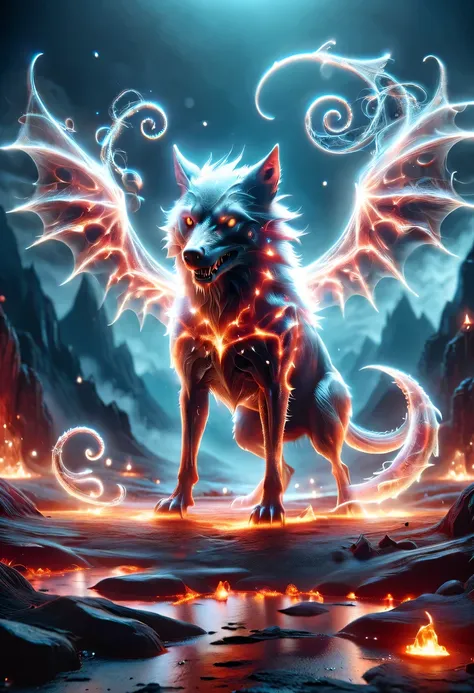 Demon World，Transparent Nightmare Wolf，magical beings，phantom attack，gothic style，hell realm，magical beings，devilish landscape，unforgettable environment，