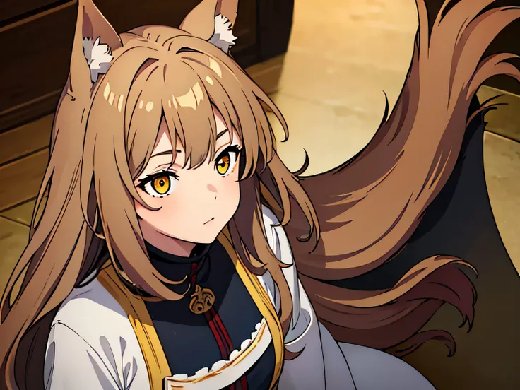 best quality, masterpiece, 1 girl, yellow eyes, brown long hair, vorishka, dog ears, inu race, medieval simple clothing, full le...