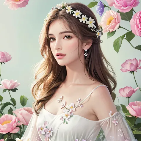 Gere uma imagem hiper realista de um retrato fotorrealista de uma mulher cercada por uma cascata de flores, every petal and flower meticulously detailed. The composition should highlight the upper part of the body amidst the floral abundance, creating a se...