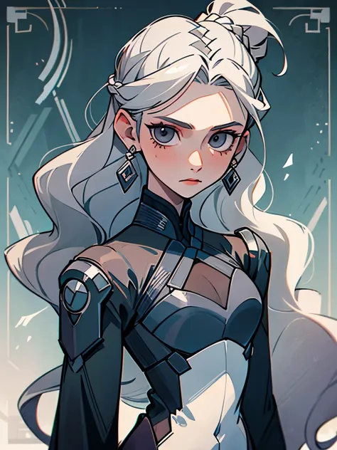 Cassandra is 20 years a tall woman with pale skin, gray eyes and white wavy hair with gray streaks, braided into a high ponytail with many small braids. Two strands of hair and asymmetrical bangs go down the sides of the face