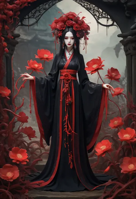 Flower of the other shore is charming，Mysterious Manzhu Shahua，The bloody ghost flower blooming at the gate of hell，Leading the soul to the afterlife，Evil charm，flirtatious，Strange，gothic style。