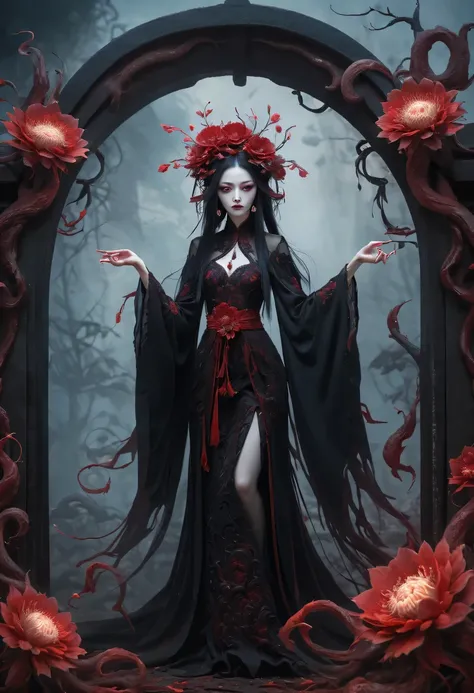 Flower of the other shore is charming，Mysterious Manzhu Shahua，The bloody ghost flower blooming at the gate of hell，Leading the soul to the afterlife，Evil charm，flirtatious，Strange，gothic style。