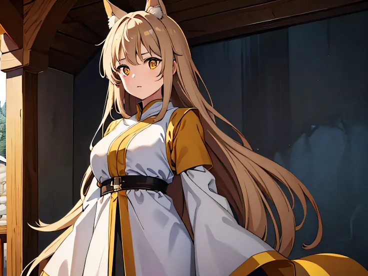 best quality, masterpiece, 1 girl, yellow eyes, light brown long hair, simple medieval clothing, inu race, full length