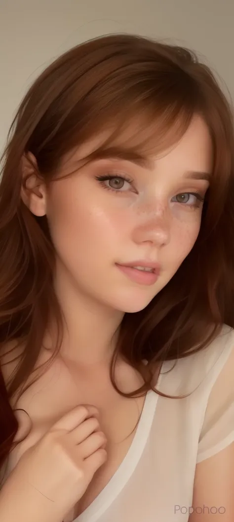 a close up of a woman with a white shirt and red hair, portrait sophie mudd, brown hair and large eyes, light freckles, photorea...