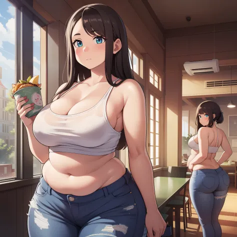 ((highres)), Masterpiece, high quality, best quality, beautiful, perfect lighting, detailed face, ultra cute face, (blush), ((2girls)), one girl has blonde hair, blue eyes, crop top and shorts, one girl has brown hair, green eyes, jeans, white shirt, tight...