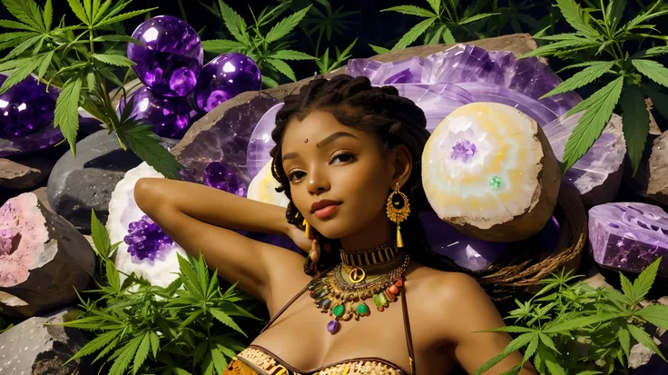 Mother Nature personified. Stoner chick. Dark skin and Dreadlocks. Goddess Gaia, marijuana girl, amethyst crystals, geodes, love, pot head. Lovely Ganja Gaia girl, a feeling of calm, peace and loves exudes from her.