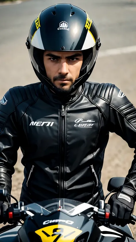 Motociclista com roupa de couro preta do moto potente, sem capacete, cabelos loiros 