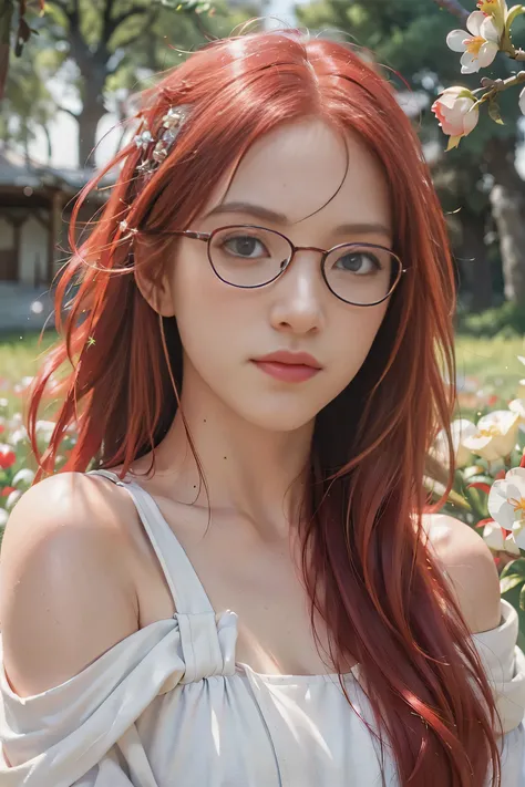 (best quality,Meisterwerk,ultra high resolution,fotorealistisch:1.4),RAW-Foto,1girl,White dress,Schulterfrei,Blossom flower field,strahlende Haut,soft smile, lange rote Haare, rote Augen, glasses, Karin Uzumaki, hellrote Haarfarbe