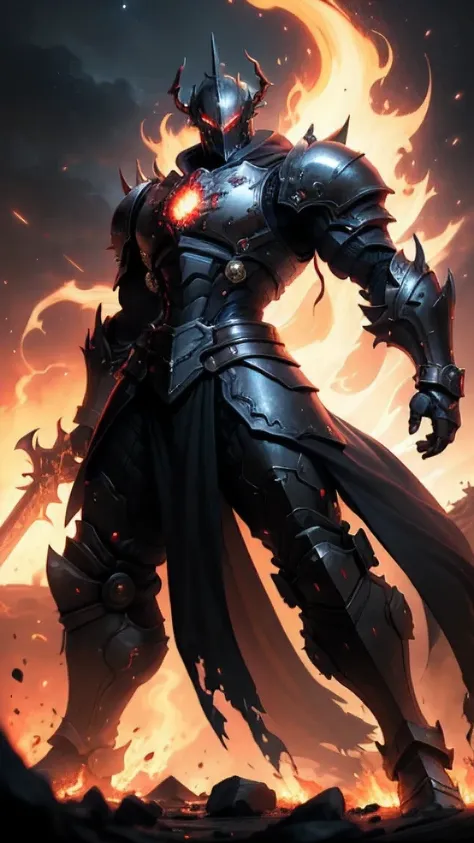 knight in full plated black deadric knight walking through lava, black light mixed with red,with black mist black greatsword wit...