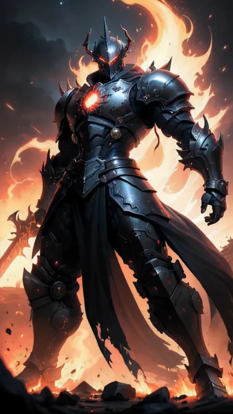 knight in full plated black deadric knight walking through lava, black light mixed with red,with black mist black greatsword wit...