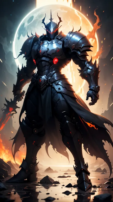 knight in full plated black deadric knight walking through lava, black light mixed with red,with black mist black greatsword wit...