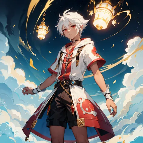 1 boy,brown skin tone,red eyes,white hair,wearing fantasy style clothing(sora kingdom hearts attire)