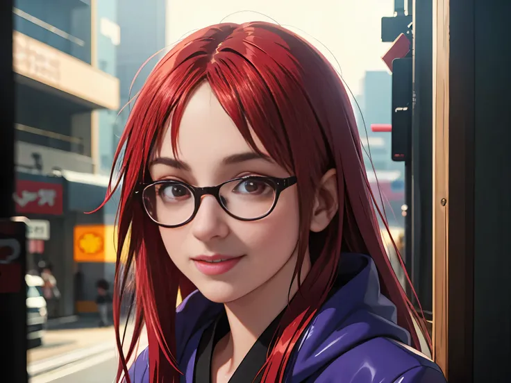 Meisterwerk, best quality, Half body, portrait, Karin Uzumaki, lange rote Haare, rote Augen, glasses, Nachtstadt, 1girl, Anime, 3D, Japan, Pixar, realistisch, teenage girl, smiling, niedliches Gesicht, Harajuku-Modestil, Regenjacke, Nice, bunt, Neonlichter...